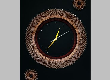 String Art Wall Clock With Black Leather Background, Silent Clock, Fawn and Brown Strings